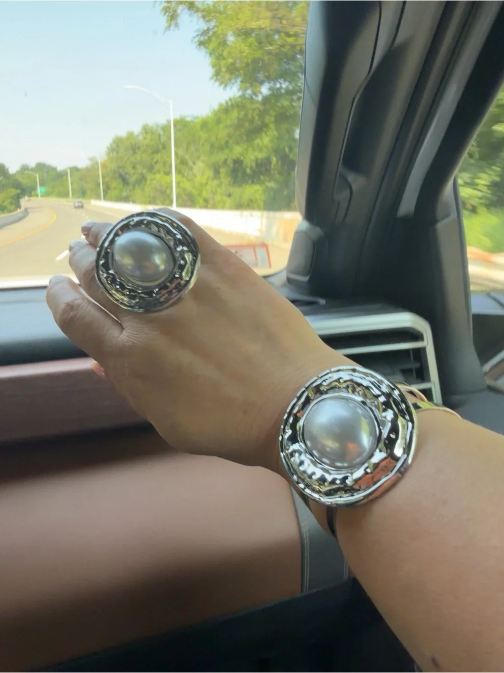 Silver-Tone Statement Pearl Cabochon Ring and Cuff Bracelet Set